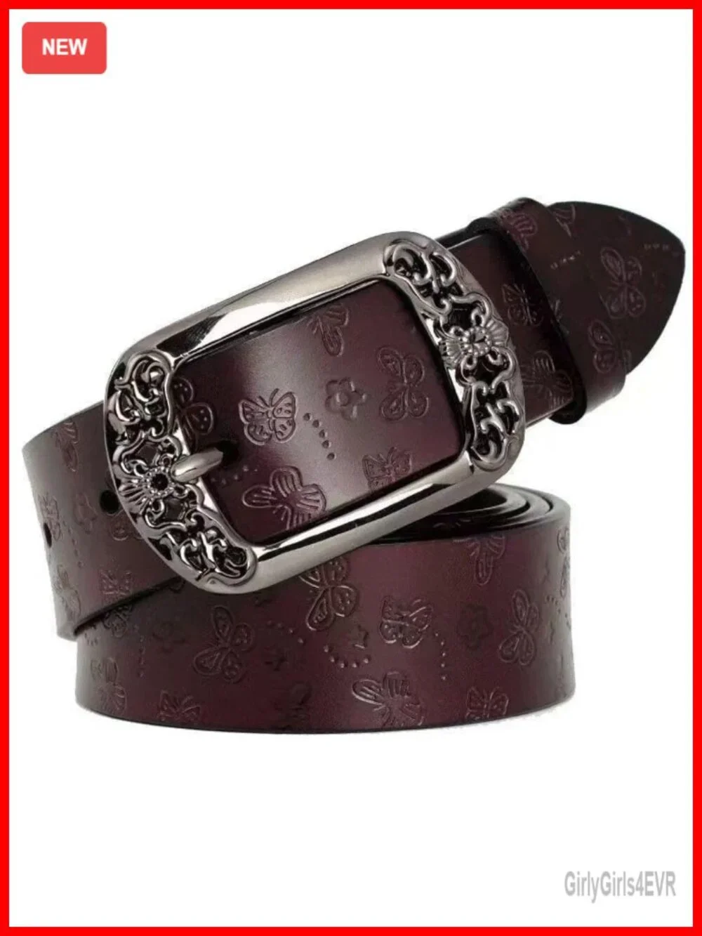 Women's Vintage Leather Belt with Hollow Floral Etched Design Large Buckle